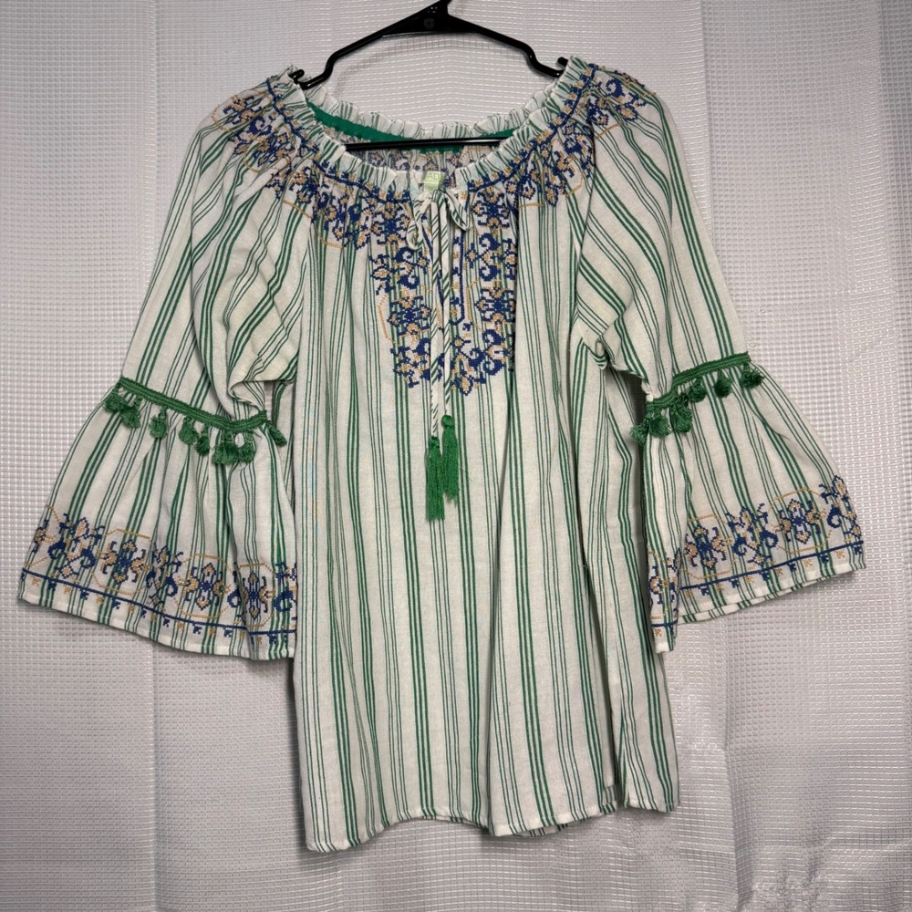 Jade Peasant Blouse Medium Green Striped Embroidered Bell Sleeve Tassel Top